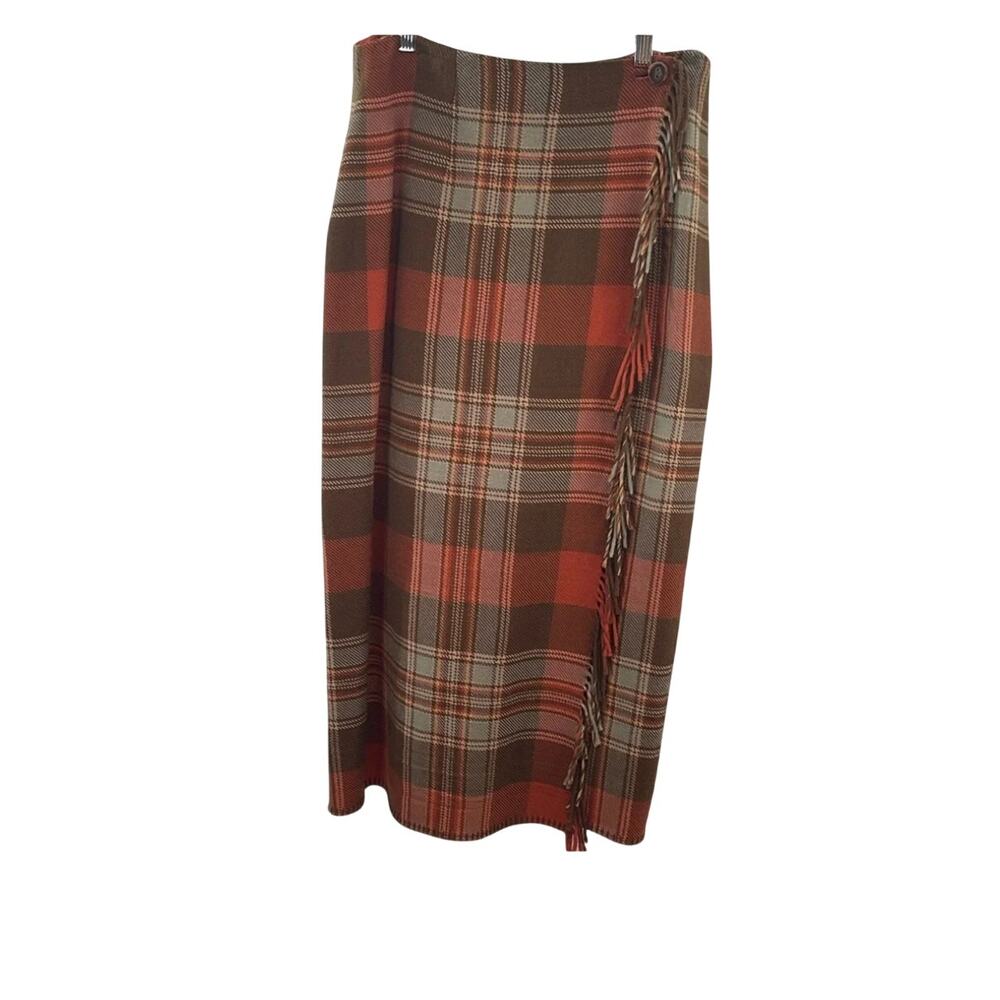 Ralph Lauren Country Wool Plaid Maxi Skirt Size 12 Rust Brown USA Made Vintage